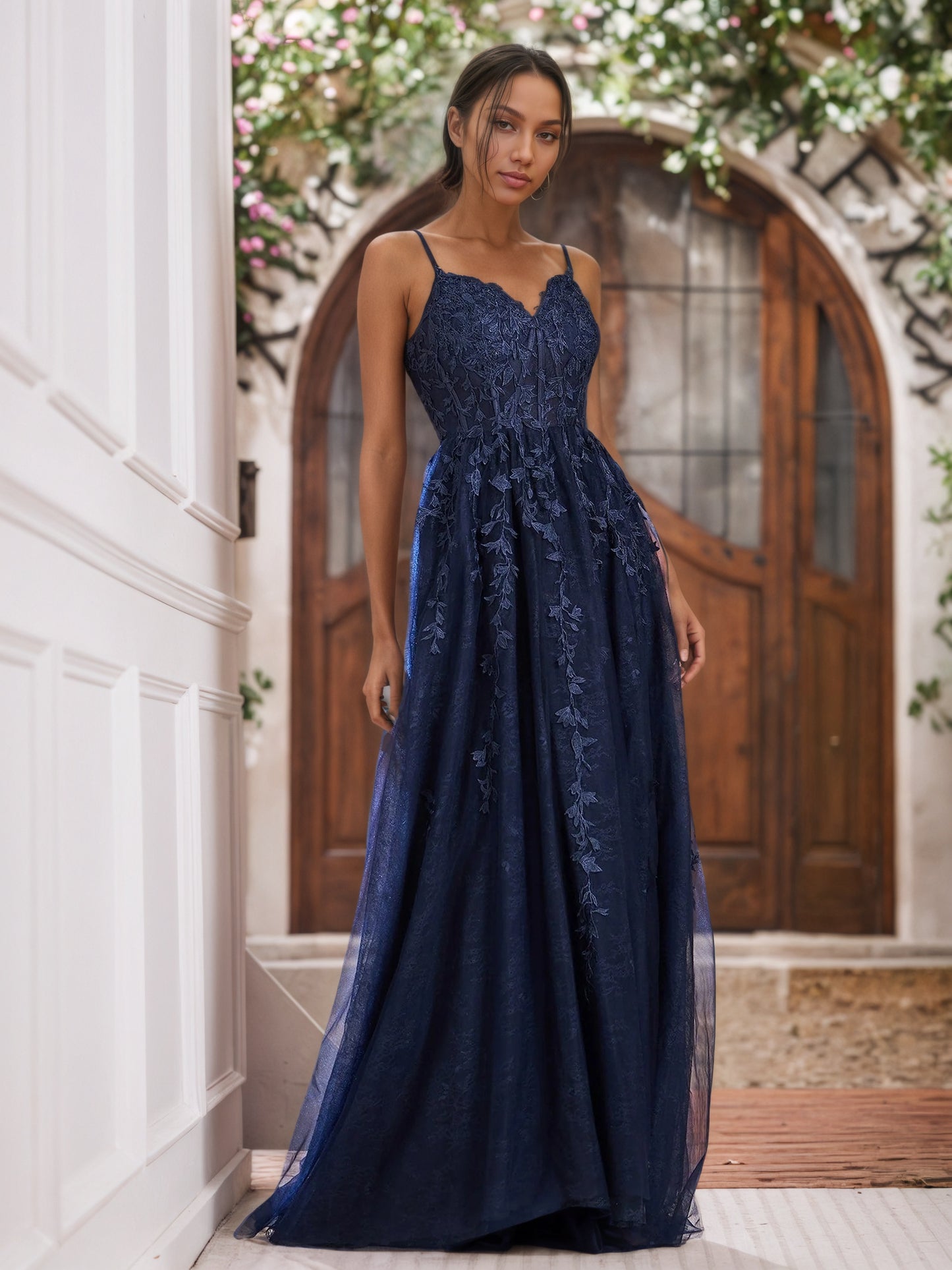 Sevoba | Sweep Train Tulle Dress With Slit Dark Navy