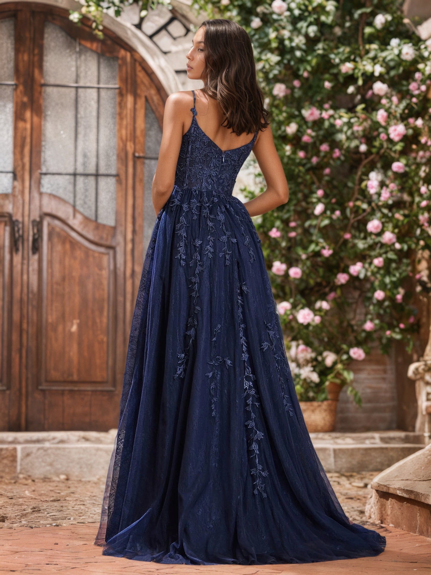 Sevoba | Sweep Train Tulle Dress With Slit Dark Navy