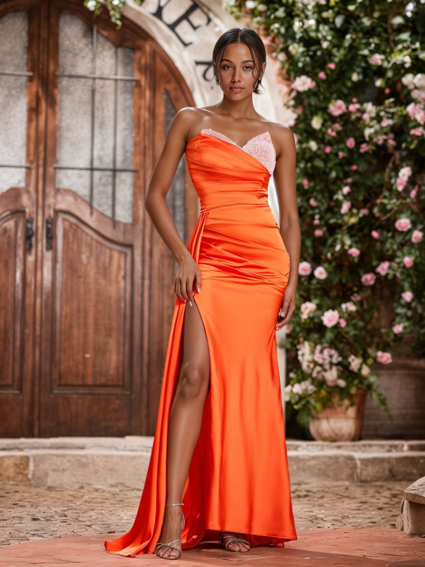 Sevoba | Sweetheart Acetate Satin Slit Dresses With Sweep/Brush Train Burnt Orange