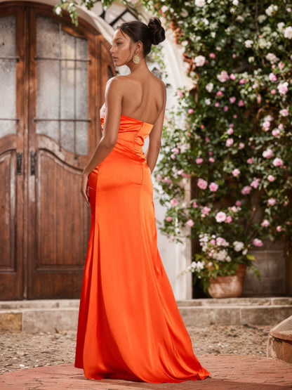 Sevoba | Sweetheart Acetate Satin Slit Dresses With Sweep/Brush Train Burnt Orange