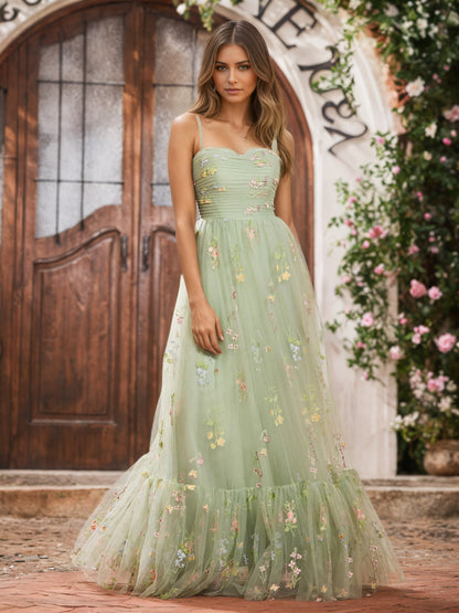 Sevoba | Sweetheart Appliqued Bodice Open Back Gowns with Shoulder Bow Dusty Sage