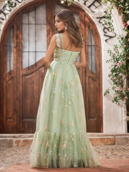 Sevoba | Sweetheart Appliqued Bodice Open Back Gowns with Shoulder Bow Dusty Sage