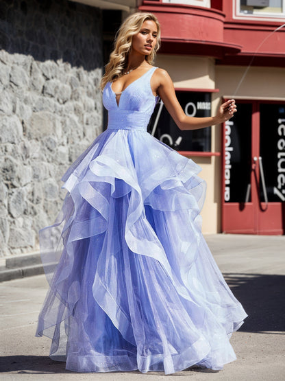 Sevoba | V-Neck Sleeveless Tulle Ball Gown Lavender