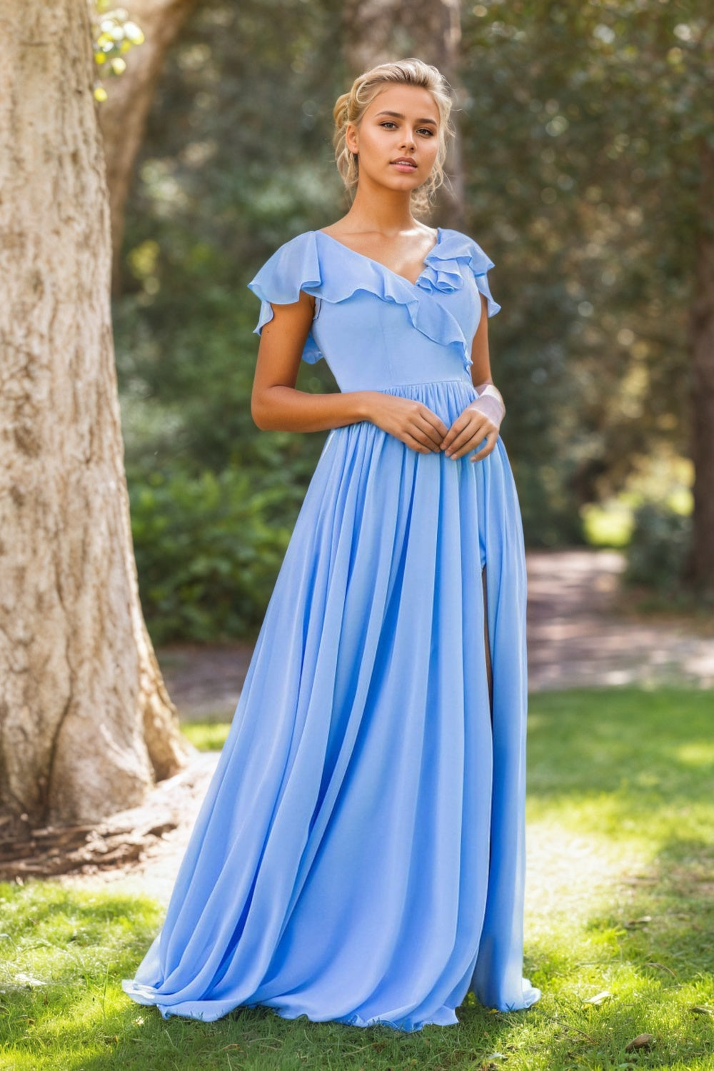 Sevoba|V-neck Asymmetric Top Chiffon Floor Bridesmaid Dress