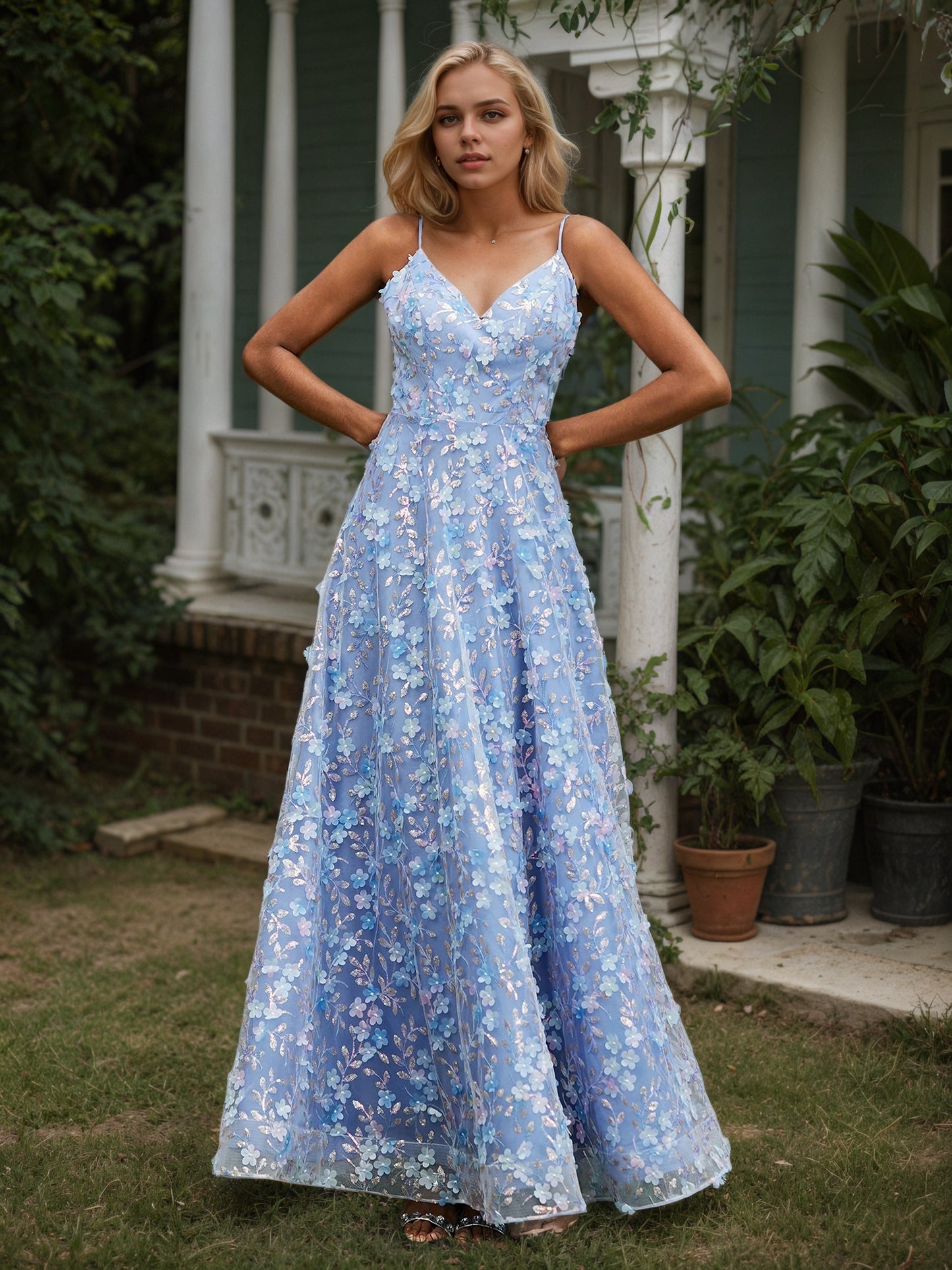 Sevoba|V-neck Lace Appliqued Flowers A-line Dress Blue