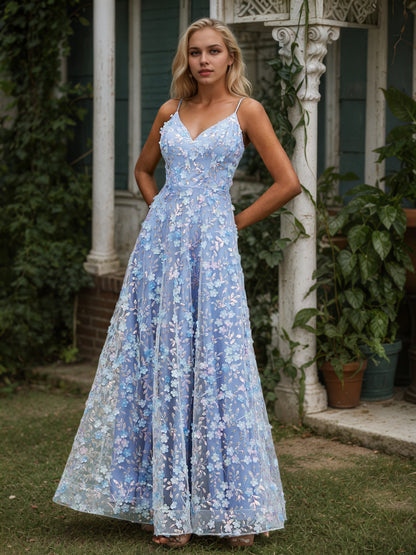 Sevoba|V-neck Lace Appliqued Flowers A-line Dress Blue