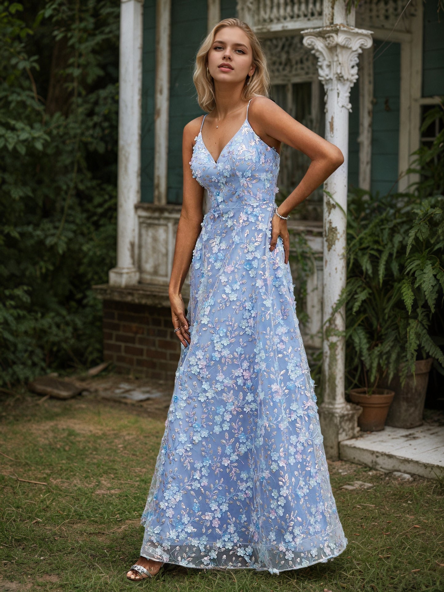 Sevoba|V-neck Lace Appliqued Flowers A-line Dress Blue