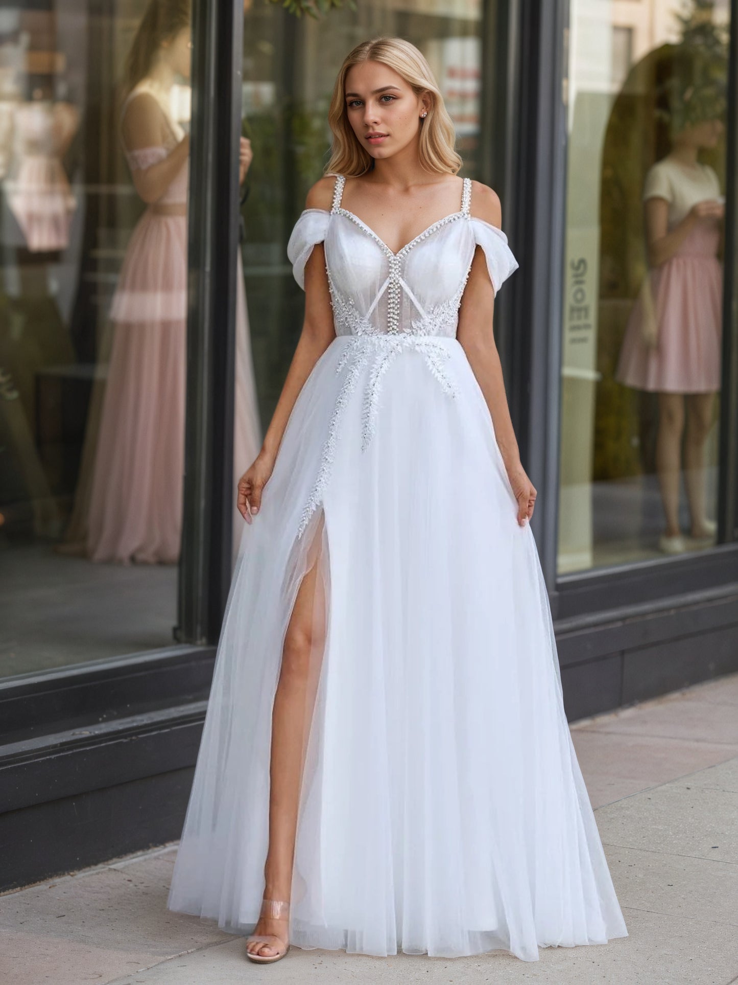 Sevoba|V-neck Pearl Embellished Floor Length Prom Dresses