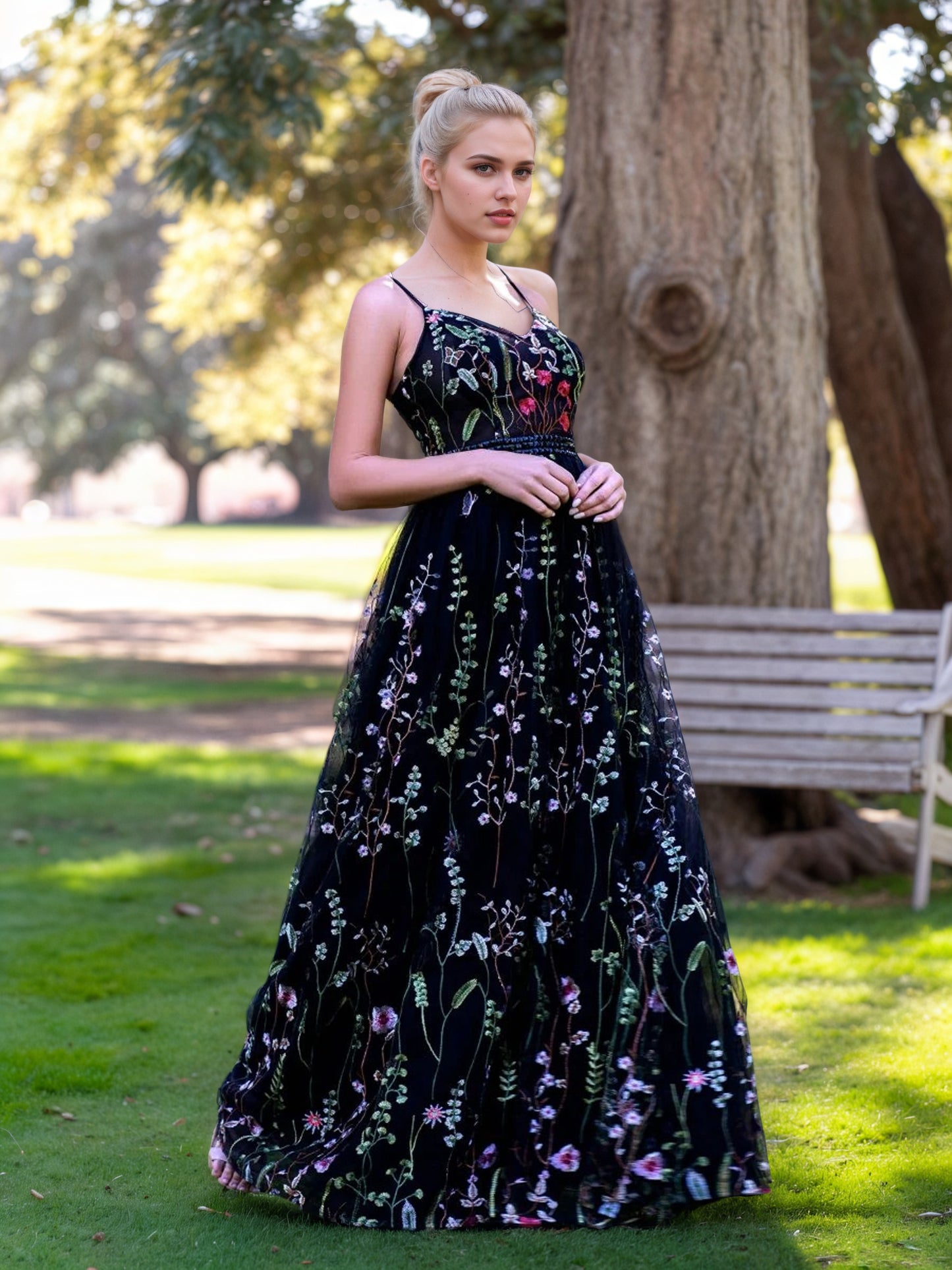 Sevoba|V-neck Spaghetti Straps Applique Tulle Floor Length Prom Dress