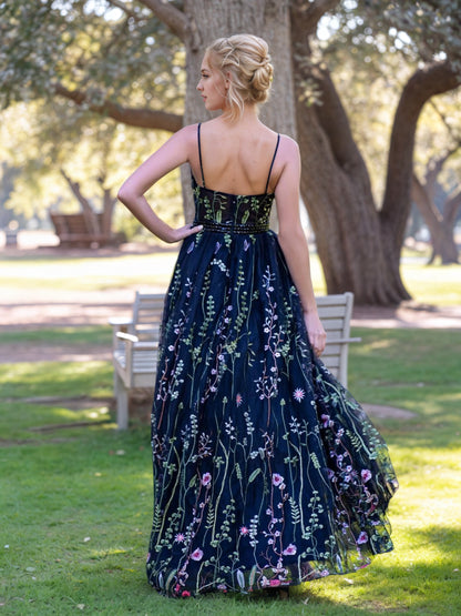 Sevoba|V-neck Spaghetti Straps Applique Tulle Floor Length Prom Dress