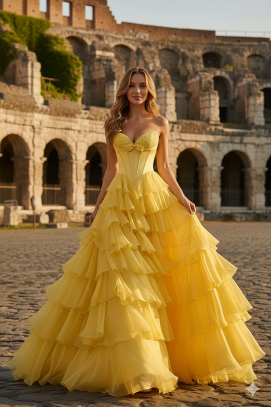 Sevoba|Vintage A Line Sweetheart Corset Ruffle Tiered Long Prom Dress With Bow
