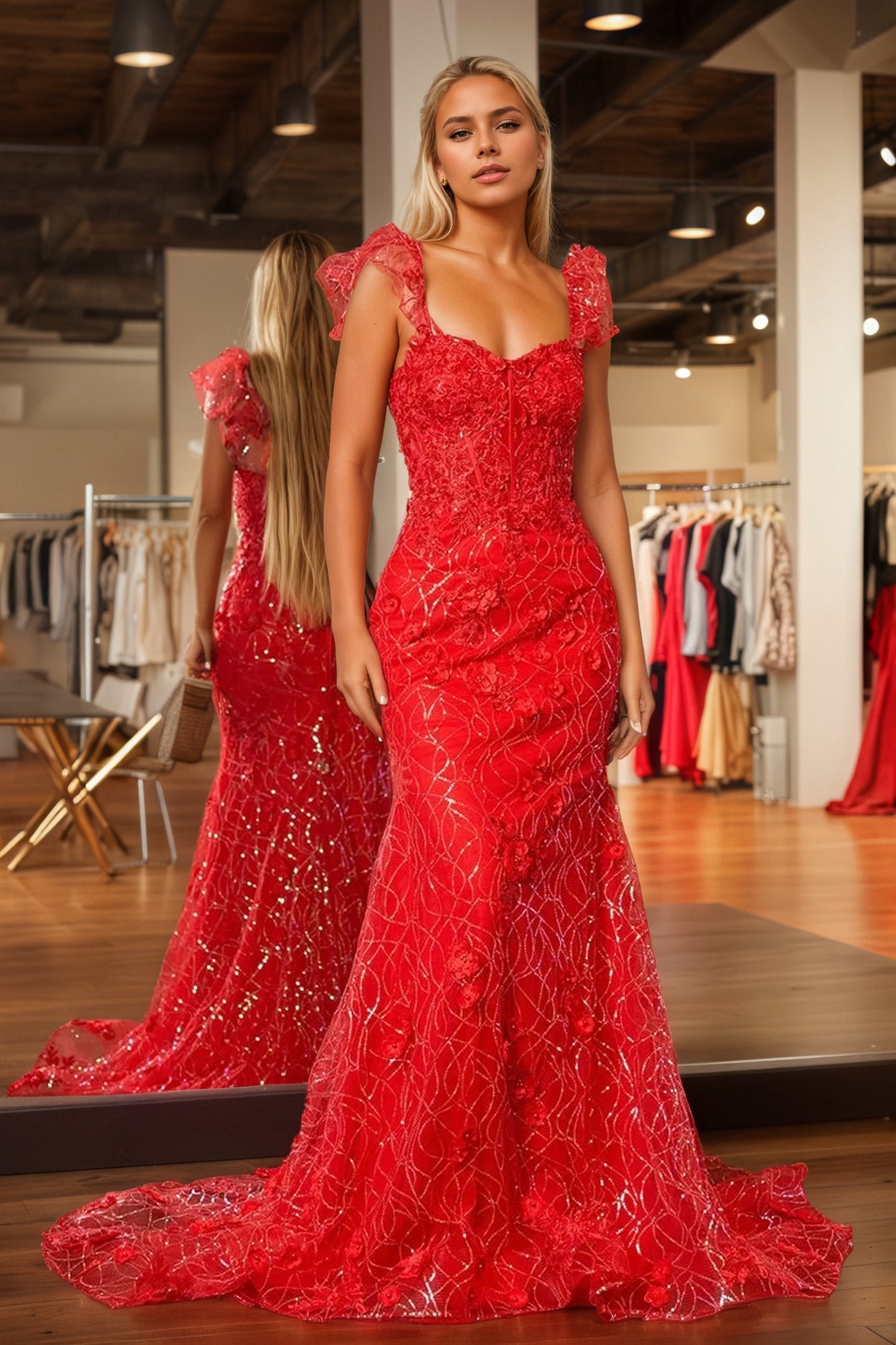 Sevoba | Yellow Ruffle Straps 3D Flower Mermaid Long Prom Dress