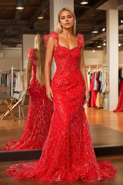 Sevoba | Yellow Ruffle Straps 3D Flower Mermaid Long Prom Dress