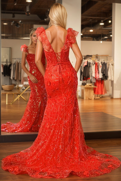 Sevoba | Yellow Ruffle Straps 3D Flower Mermaid Long Prom Dress