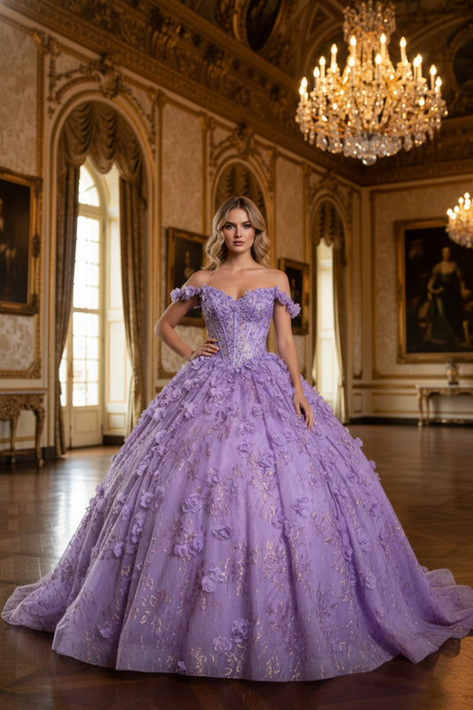 3D Floral Ball Gown Off-the-shoulder Quinceañera Dress With Gold Accents | Sevoba