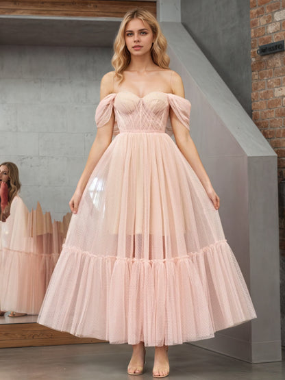 Sevoba|A-Line Rose Pink Tulle Sweetheart Tea-Length Prom Dress