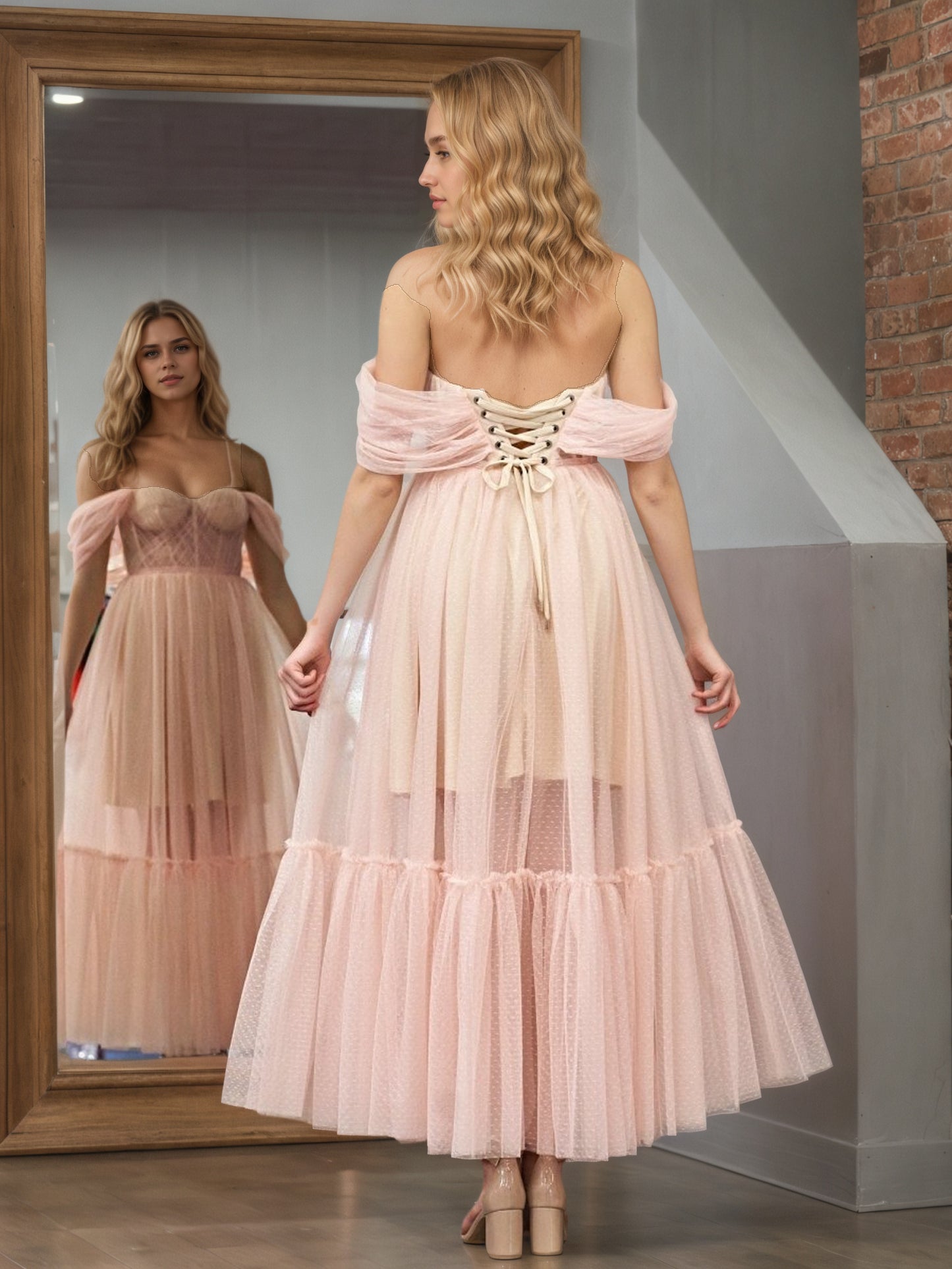 Sevoba|A-Line Rose Pink Tulle Sweetheart Tea-Length Prom Dress