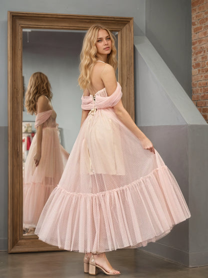 Sevoba|A-Line Rose Pink Tulle Sweetheart Tea-Length Prom Dress
