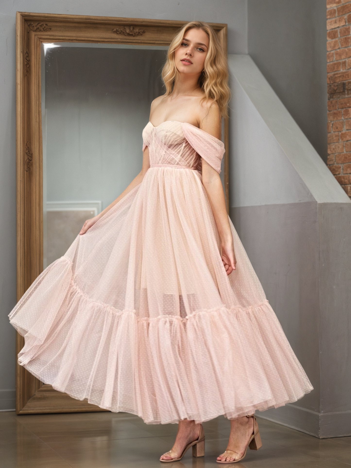 Sevoba|A-Line Rose Pink Tulle Sweetheart Tea-Length Prom Dress