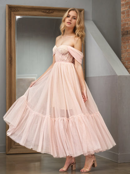 Sevoba|A-Line Rose Pink Tulle Sweetheart Tea-Length Prom Dress