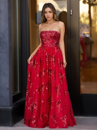 Sevoba|A Line Strapless Pleating Long Prom Dress With Applique