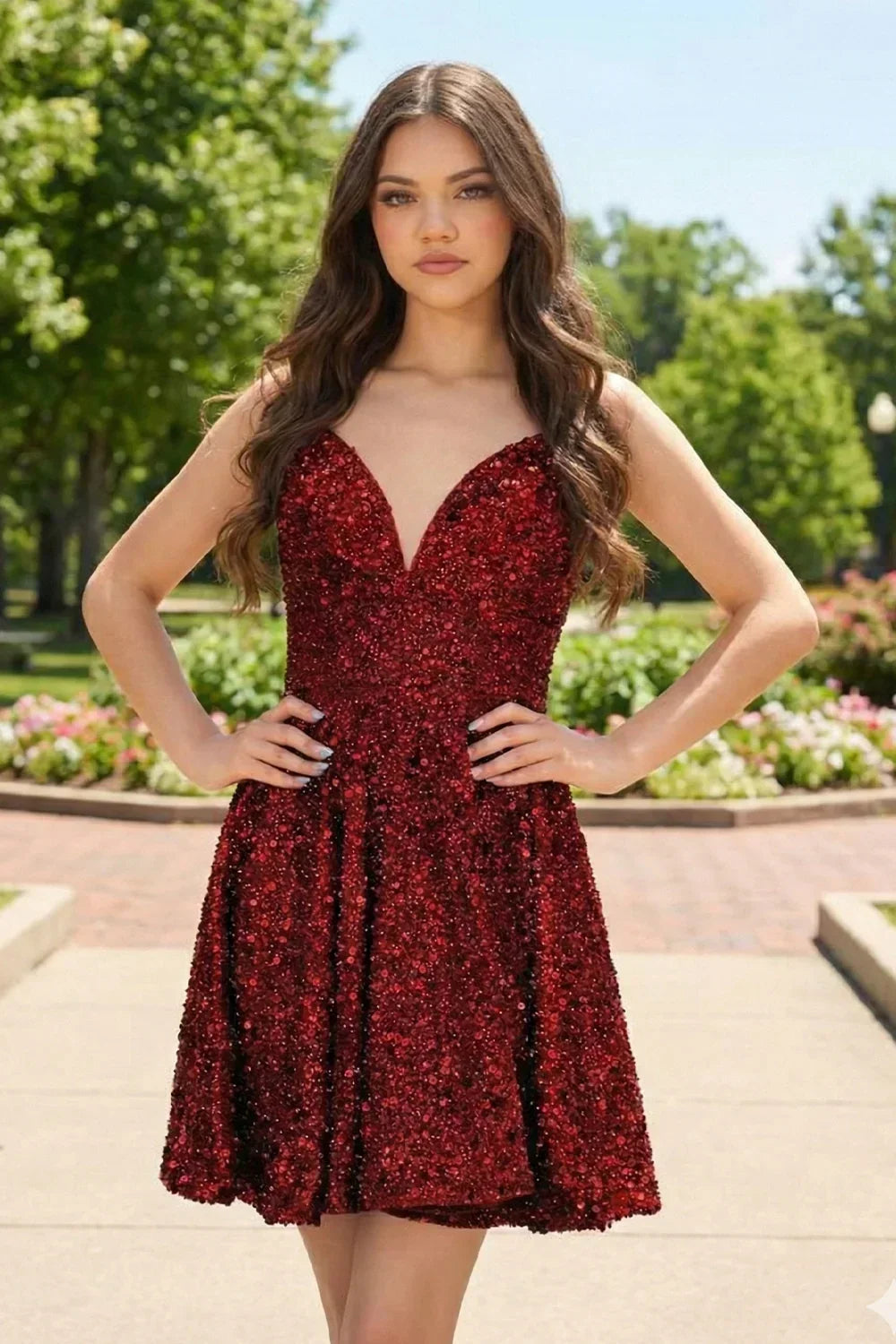 A Line V Neck Sequined Short Homecoming Dresses | Sevoba