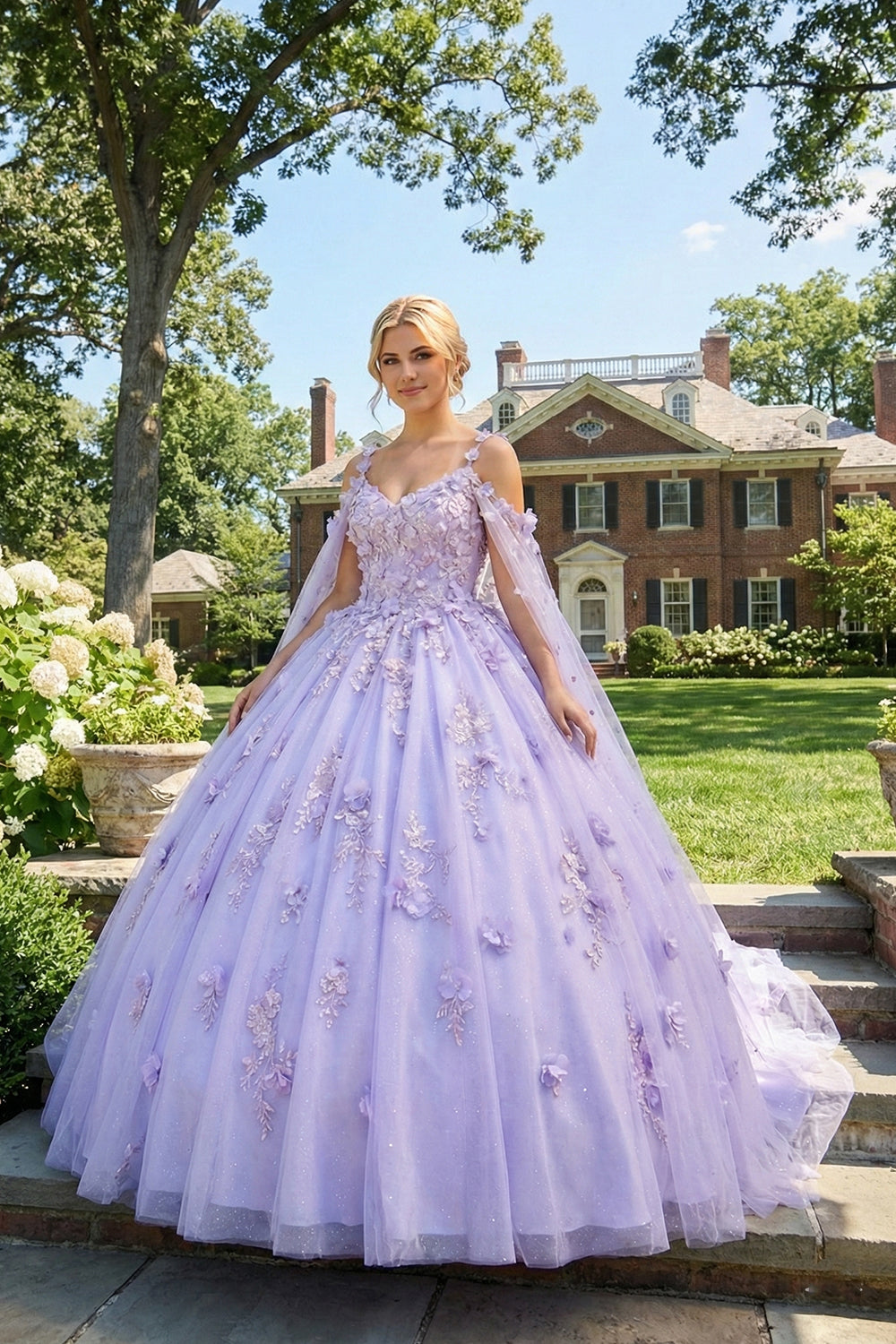 Charming Ball Gown Cold Shoulder Quinceañera Dress With 3D Floral and Sheer Cape |  Sevoba