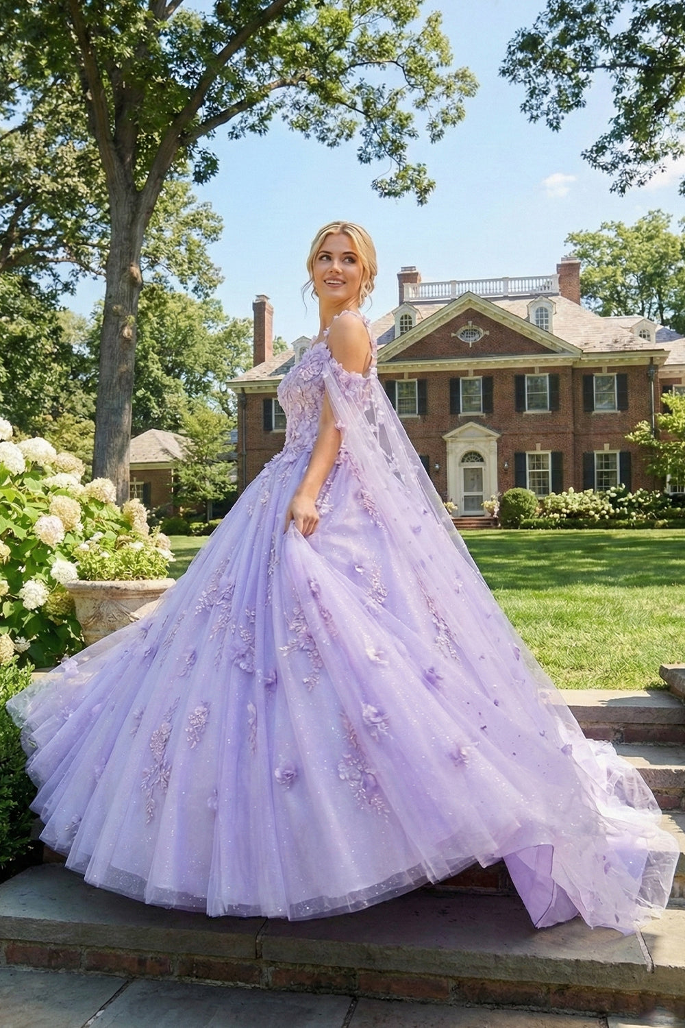Charming Ball Gown Cold Shoulder Quinceañera Dress With 3D Floral and Sheer Cape |  Sevoba