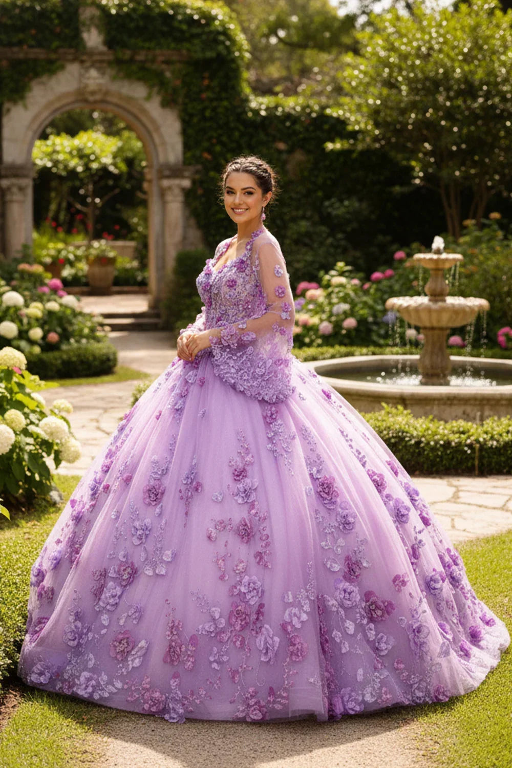 Woman in a lavender ball gown with 3D floral lace, standing in a garden by a fountain