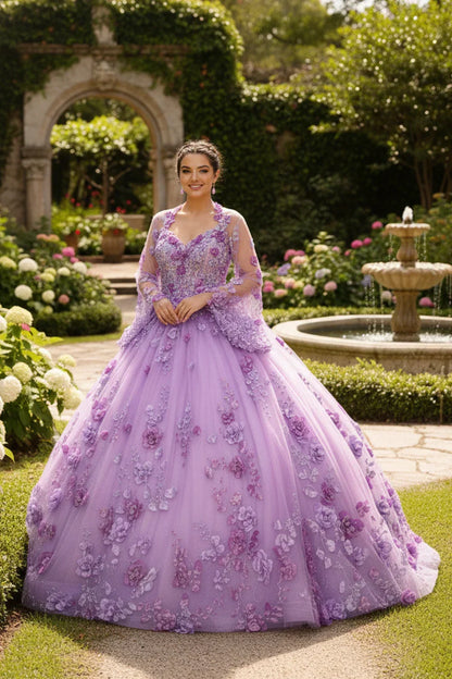 Woman in a lavender ball gown with 3D floral lace details standing in a garden
