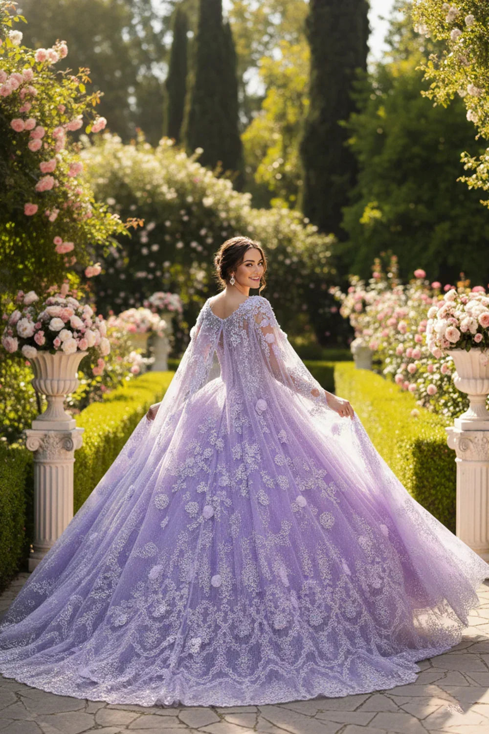 Woman in a lavender lace ball gown with floral details standing in a rose garden.