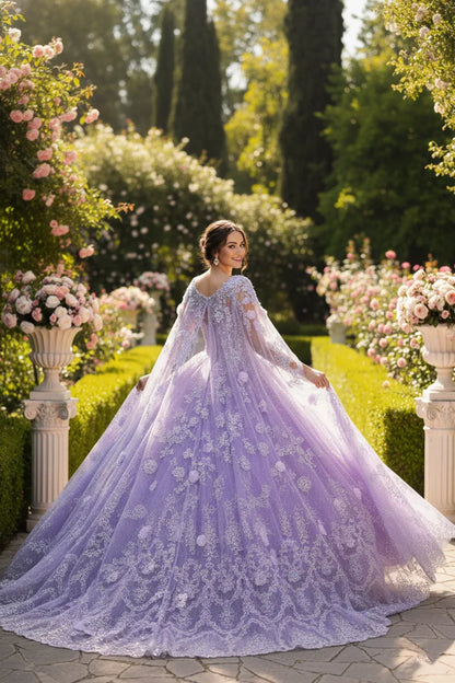 Woman in a lavender lace ball gown with floral details standing in a rose garden.