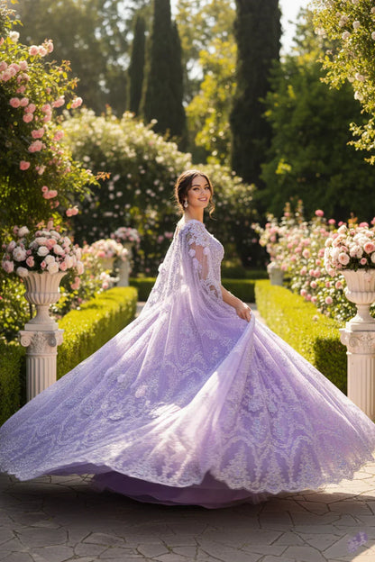 Woman in lavender off-shoulder ball gown with lace and 3D floral details in a garden
