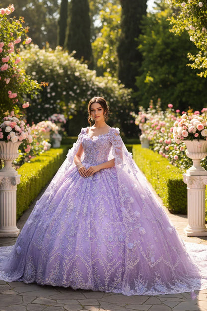 Woman in a lavender off-the-shoulder ball gown with lace and 3D floral details in a rose garden