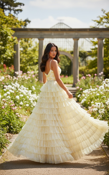 Sevoba|Elegant A Line Spaghetti Straps Keyhole Floral Tiered Long Prom Dress With Beading