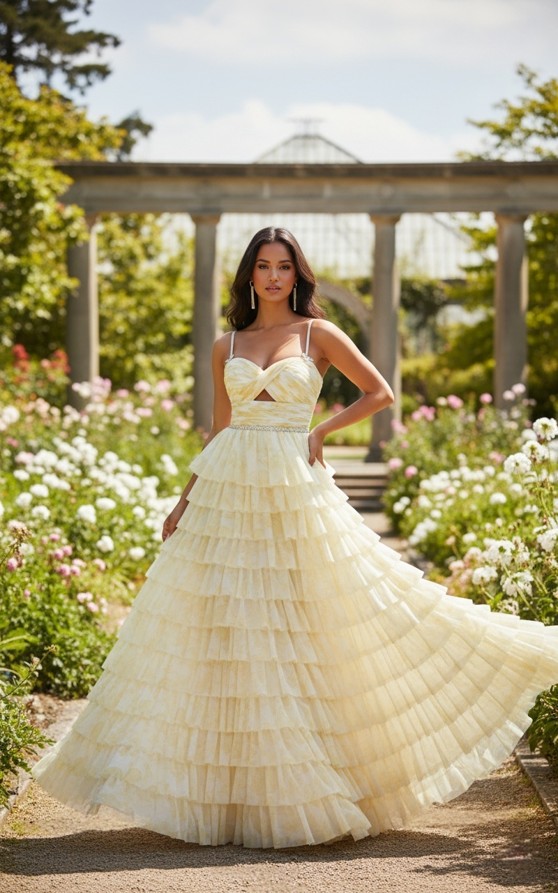 Sevoba|Elegant A Line Spaghetti Straps Keyhole Floral Tiered Long Prom Dress With Beading