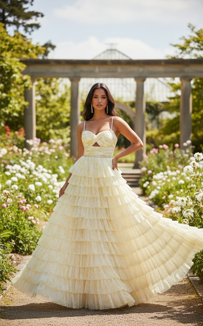 Sevoba|Elegant A Line Spaghetti Straps Keyhole Floral Tiered Long Prom Dress With Beading