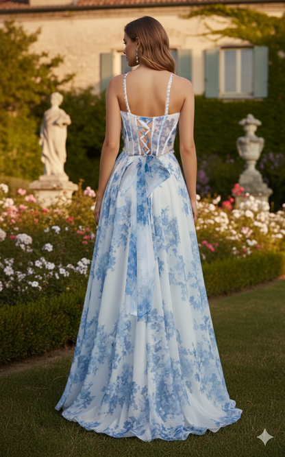 Sevoba|Elegant A Line Straps Sweetheart Corset Floral Printed Lace Up Long Prom Dress