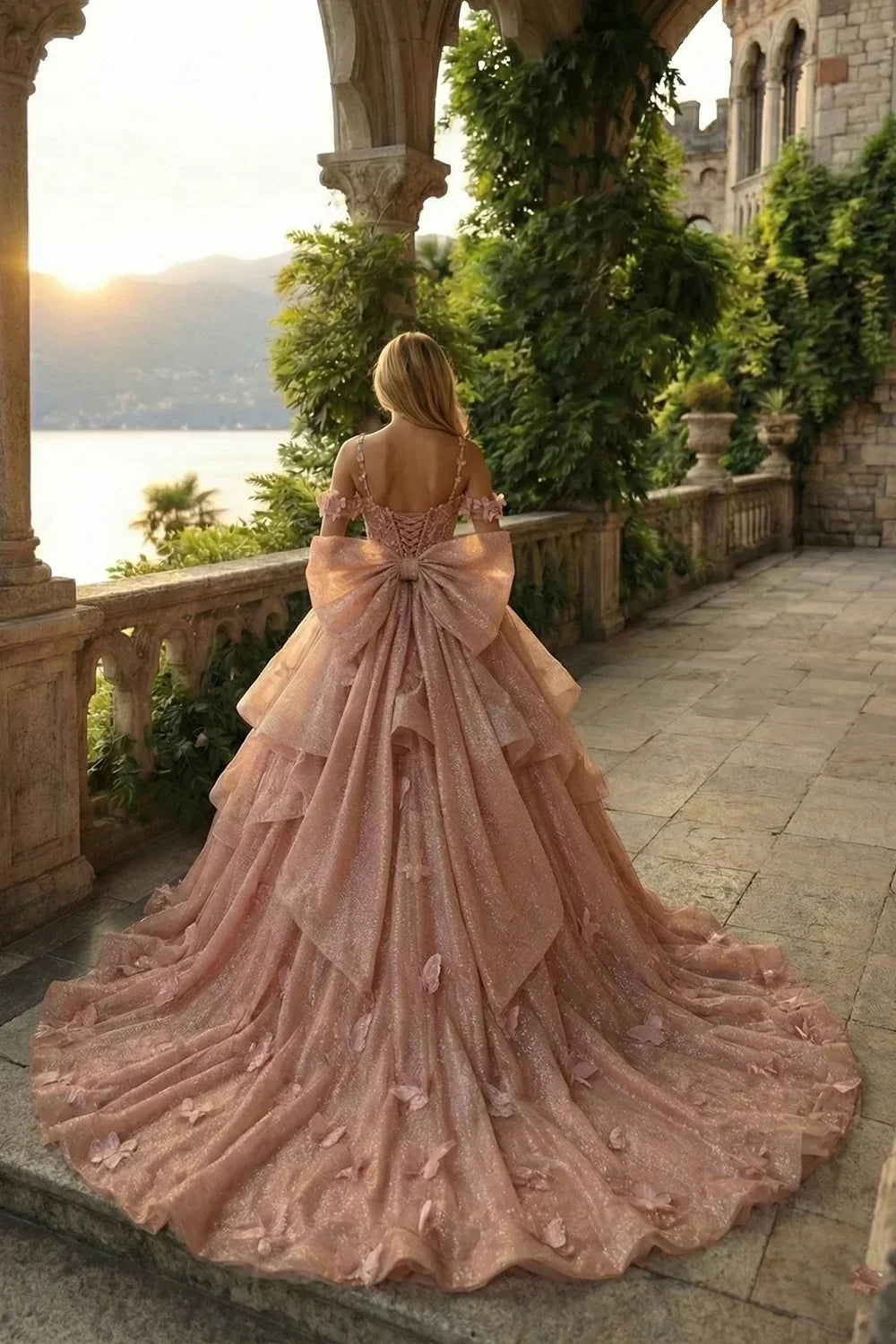 Woman in a pink ruffled tulle ball gown with beading and bow, outdoors at sunset