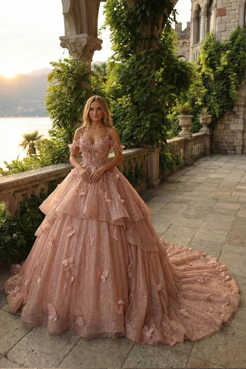 Woman in blush pink ball gown with floral appliques and layered tulle skirt on a terrace at sunset