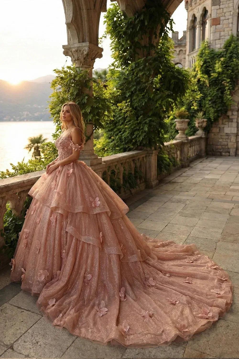 Woman in elegant pink ball gown with ruffled tulle and floral appliques by a stone terrace at sunset