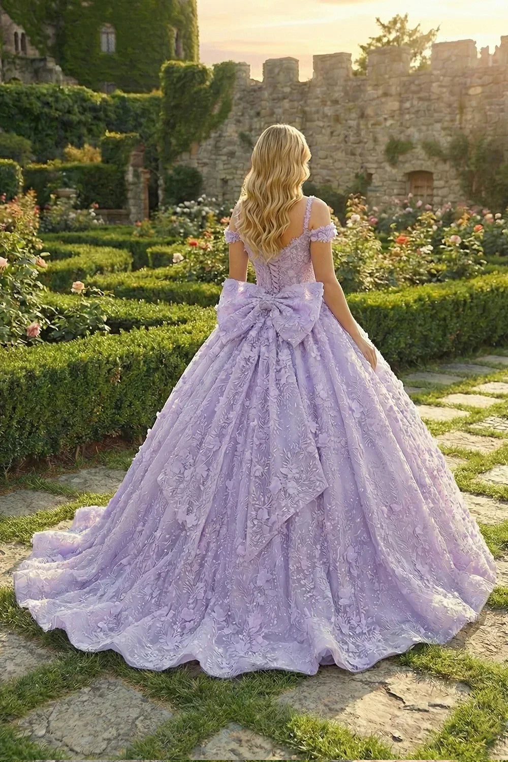 Lavender ball gown with floral appliques and large back bow, outdoor garden setting