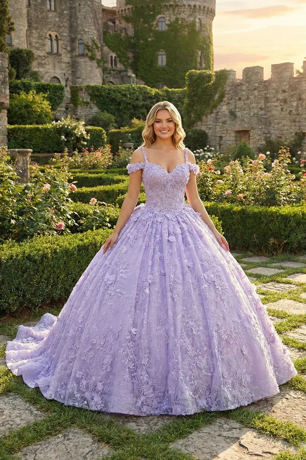 Woman in lilac tulle ball gown with floral appliques, V-neck, in a formal garden setting