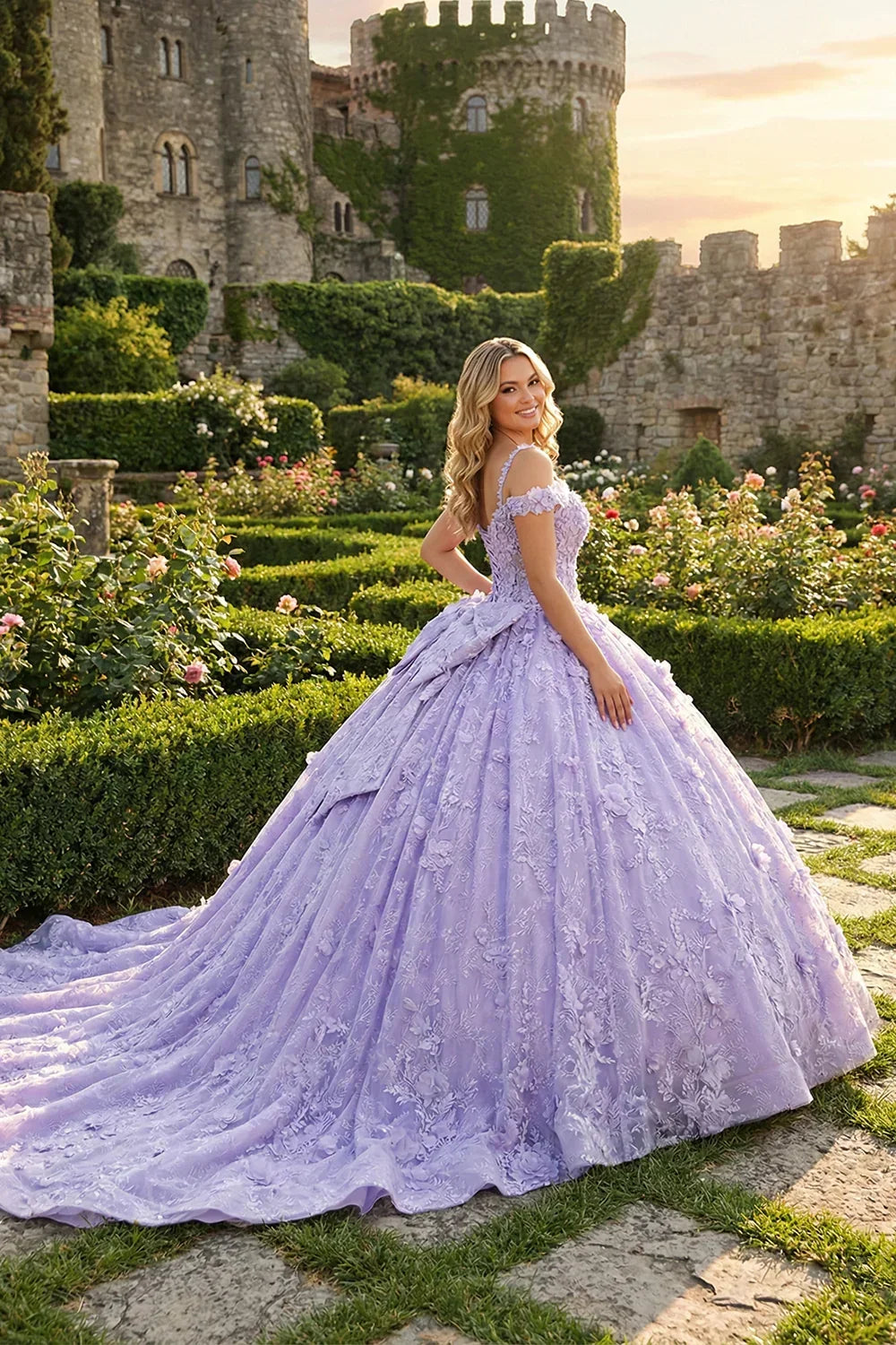 Woman in a lilac ball gown with floral appliques and bow, posing in a garden by a castle.