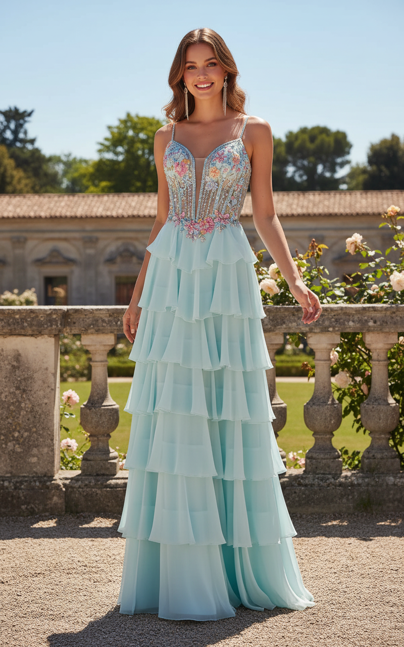 Sevoba|Exquisite A Line Spaghetti Straps Corset Appliques Rhinestones Tiered Long Prom Dress With Slit