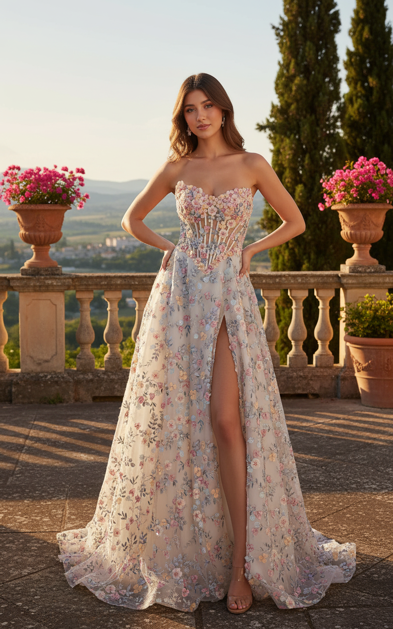 Sevoba|Exquisite A Line Strapless Corset Appliques Tulle Long Prom Dress With Slit