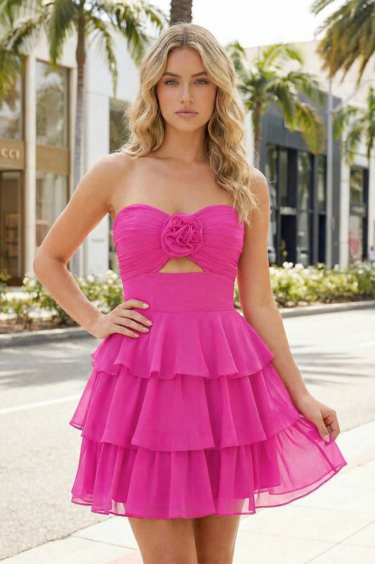 Strapless A Line Chiffon Ruffles Homecoming Dresses With Flower | Sevoba