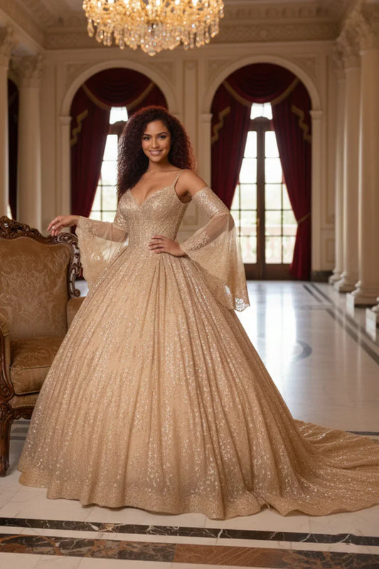 Woman in glittery gold ball gown with sheer sleeves posing in an elegant hall