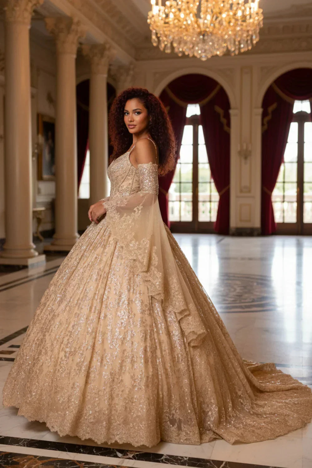 Woman in gold glittery ball gown with cold shoulder and sheer sleeves in elegant ballroom