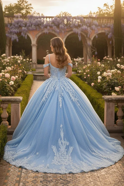 Woman in a blue off-shoulder lace ball gown with embroidery, standing in a floral garden.